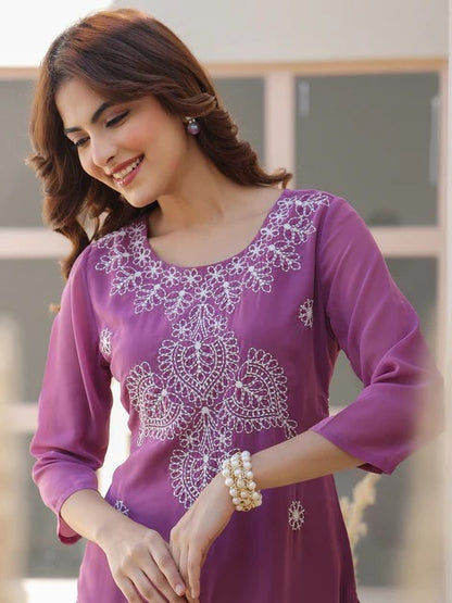 [Ready SG Stock] Lavender Georgette Sobar Thread Embroidered Punjabi Straight Only Top with Linings [Indian Dresses]