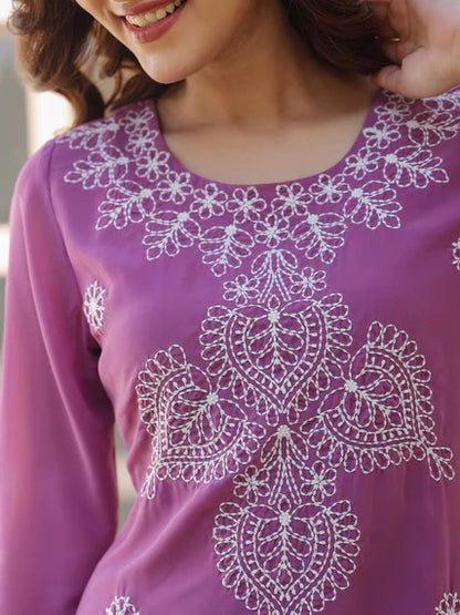 [Ready SG Stock] Lavender Georgette Sobar Thread Embroidered Punjabi Straight Only Top with Linings [Indian Dresses]