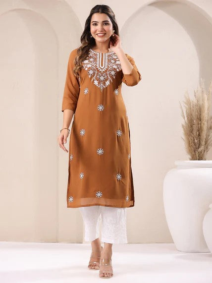 [Ready SG Stock] Brown Georgette Sobar Thread Embroidered Punjabi Straight Only Top with Linings [Indian Dresses]
