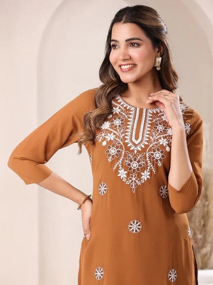 [Ready SG Stock] Brown Georgette Sobar Thread Embroidered Punjabi Straight Only Top with Linings [Indian Dresses]