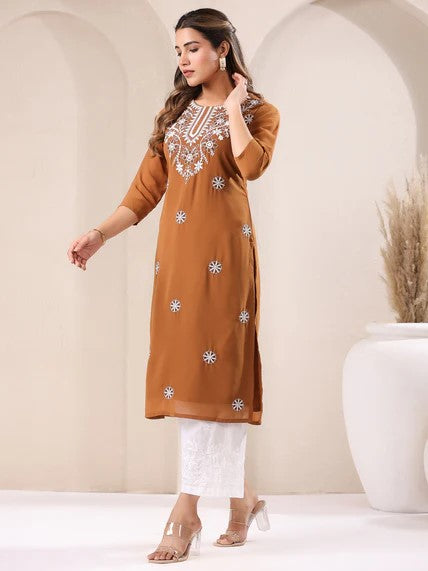 [Ready SG Stock] Brown Georgette Sobar Thread Embroidered Punjabi Straight Only Top with Linings [Indian Dresses]