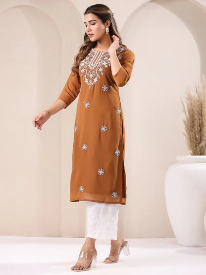 [Ready SG Stock] Brown Georgette Sobar Thread Embroidered Punjabi Straight Only Top with Linings [Indian Dresses]