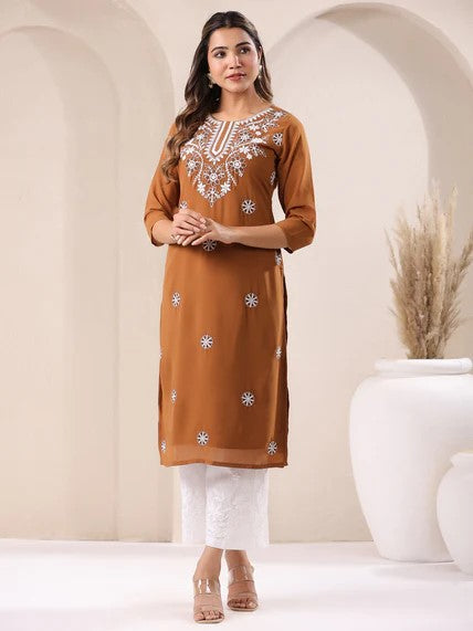 [Ready SG Stock] Brown Georgette Sobar Thread Embroidered Punjabi Straight Only Top with Linings [Indian Dresses]
