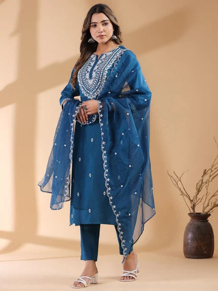 [ Ready SG Stock ] Teal Blue Silk Blend Embroidered StraightCut 3 Pcs Punjabi Suit with Dupatta [ Indian Dresses ]