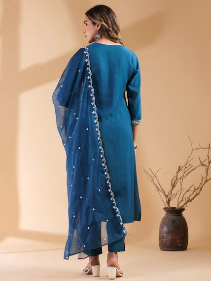 [ Ready SG Stock ] Teal Blue Silk Blend Embroidered StraightCut 3 Pcs Punjabi Suit with Dupatta [ Indian Dresses ]