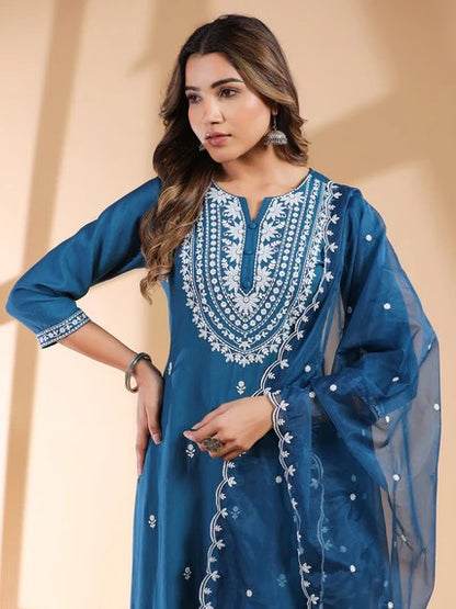 [ Ready SG Stock ] Teal Blue Silk Blend Embroidered StraightCut 3 Pcs Punjabi Suit with Dupatta [ Indian Dresses ]