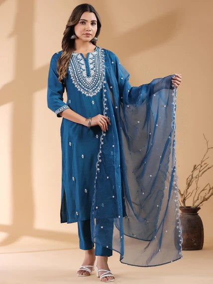 [ Ready SG Stock ] Teal Blue Silk Blend Embroidered StraightCut 3 Pcs Punjabi Suit with Dupatta [ Indian Dresses ]