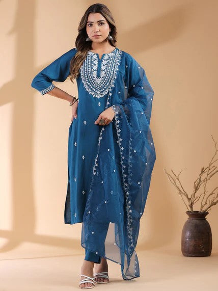 [ Ready SG Stock ] Teal Blue Silk Blend Embroidered StraightCut 3 Pcs Punjabi Suit with Dupatta [ Indian Dresses ]