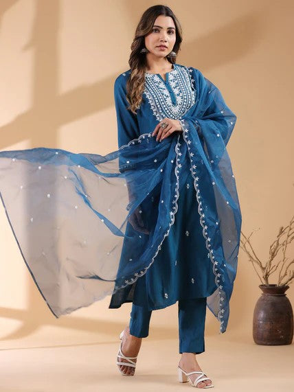 [ Ready SG Stock ] Teal Blue Silk Blend Embroidered StraightCut 3 Pcs Punjabi Suit with Dupatta [ Indian Dresses ]