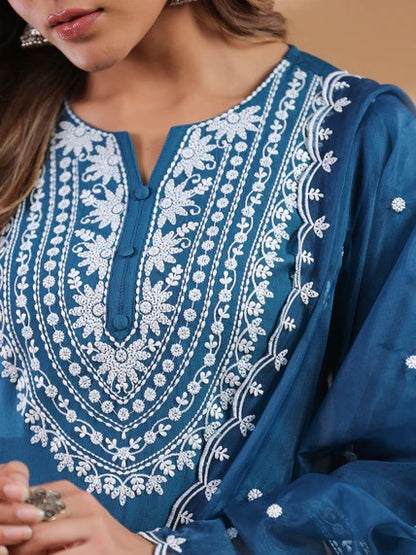[ Ready SG Stock ] Teal Blue Silk Blend Embroidered StraightCut 3 Pcs Punjabi Suit with Dupatta [ Indian Dresses ]