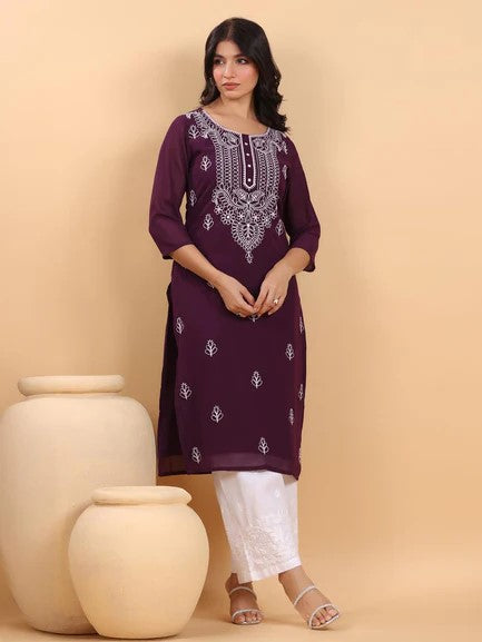 [Ready SG Stock] Purple Georgette Sobar Thread Embroidered Punjabi Straight Only Top with Linings [Indian Dresses]