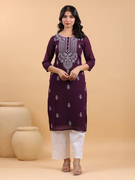 [Ready SG Stock] Purple Georgette Sobar Thread Embroidered Punjabi Straight Only Top with Linings [Indian Dresses]