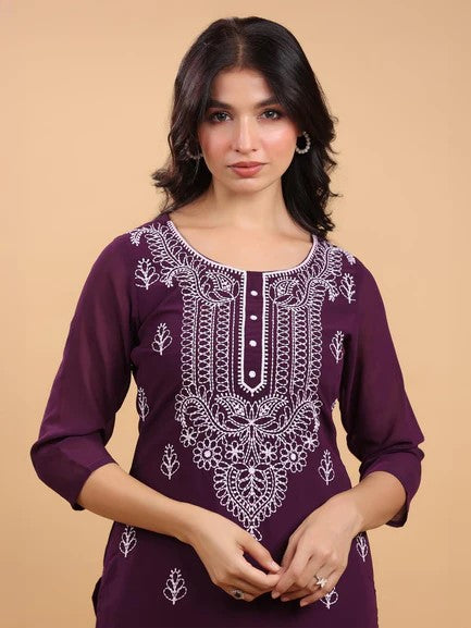 [Ready SG Stock] Purple Georgette Sobar Thread Embroidered Punjabi Straight Only Top with Linings [Indian Dresses]