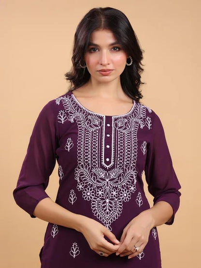 [Ready SG Stock] Purple Georgette Sobar Thread Embroidered Punjabi Straight Only Top with Linings [Indian Dresses]
