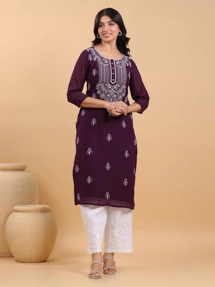 [Ready SG Stock] Purple Georgette Sobar Thread Embroidered Punjabi Straight Only Top with Linings [Indian Dresses]