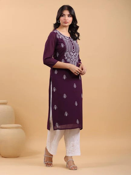 [Ready SG Stock] Purple Georgette Sobar Thread Embroidered Punjabi Straight Only Top with Linings [Indian Dresses]