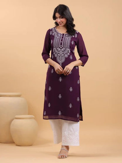 [Ready SG Stock] Purple Georgette Sobar Thread Embroidered Punjabi Straight Only Top with Linings [Indian Dresses]