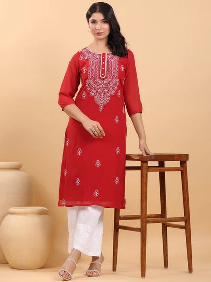 [Ready SG Stock] Maroon Georgette Sobar Thread Embroidered Straight Punjabi Kurta with Linings / Only Top [Indian Dresses]