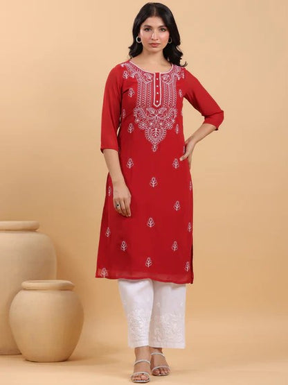 [Ready SG Stock] Maroon Georgette Sobar Thread Embroidered Straight Punjabi Kurta with Linings / Only Top [Indian Dresses]