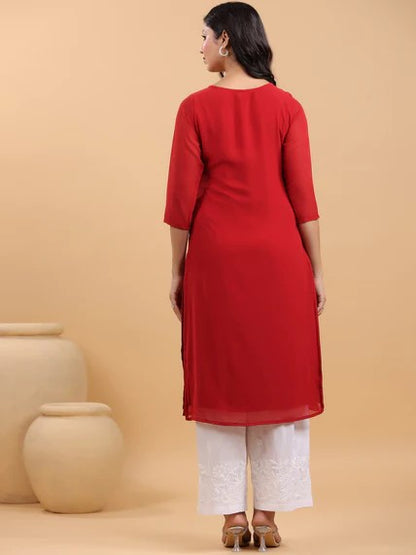 [Ready SG Stock] Maroon Georgette Sobar Thread Embroidered Straight Punjabi Kurta with Linings / Only Top [Indian Dresses]