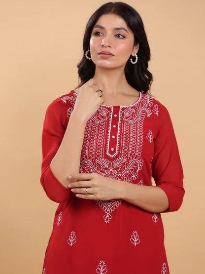 [Ready SG Stock] Maroon Georgette Sobar Thread Embroidered Straight Punjabi Kurta with Linings / Only Top [Indian Dresses]