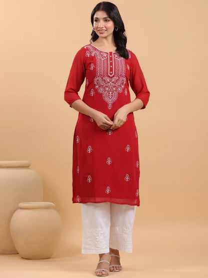 [Ready SG Stock] Maroon Georgette Sobar Thread Embroidered Straight Punjabi Kurta with Linings / Only Top [Indian Dresses]