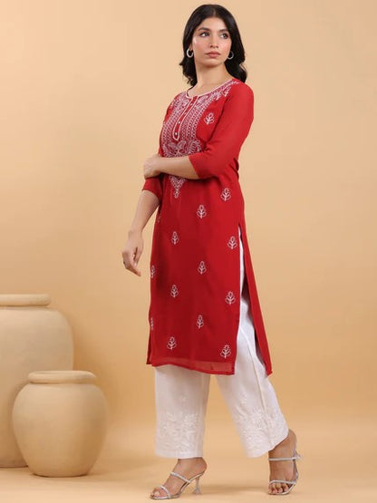 [Ready SG Stock] Maroon Georgette Sobar Thread Embroidered Straight Punjabi Kurta with Linings / Only Top [Indian Dresses]