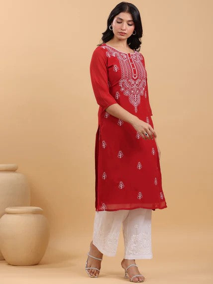 [Ready SG Stock] Maroon Georgette Sobar Thread Embroidered Straight Punjabi Kurta with Linings / Only Top [Indian Dresses]