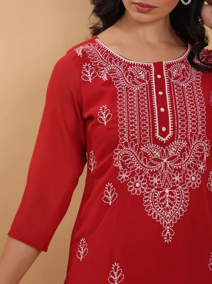 [Ready SG Stock] Maroon Georgette Sobar Thread Embroidered Straight Punjabi Kurta with Linings / Only Top [Indian Dresses]