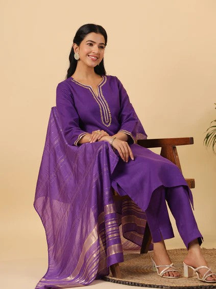 [ Ready SG Stock ] Purple Cotton Blend Yoke Design Straight Kurta 3 Pcs Punjabi Suit with Dupatta [ Indian Dresses ]