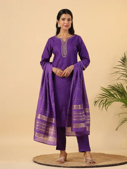 [ Ready SG Stock ] Purple Cotton Blend Yoke Design Straight Kurta 3 Pcs Punjabi Suit with Dupatta [ Indian Dresses ]