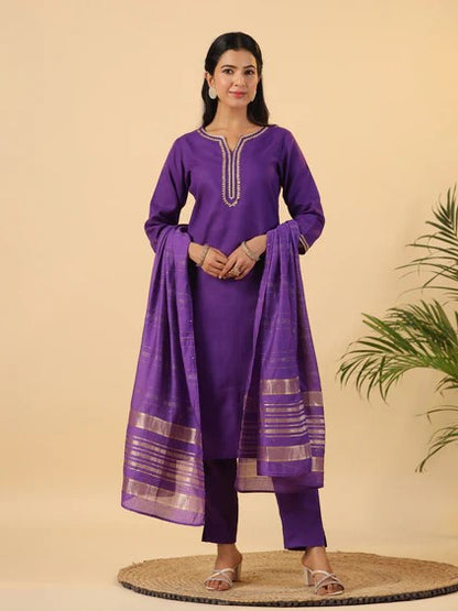[ Ready SG Stock ] Purple Cotton Blend Yoke Design Straight Kurta 3 Pcs Punjabi Suit with Dupatta [ Indian Dresses ]