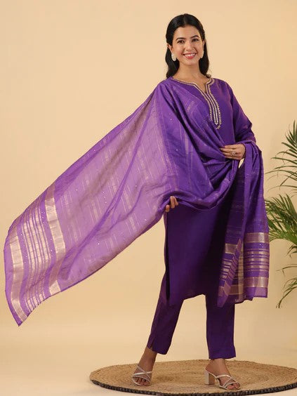 [ Ready SG Stock ] Purple Cotton Blend Yoke Design Straight Kurta 3 Pcs Punjabi Suit with Dupatta [ Indian Dresses ]