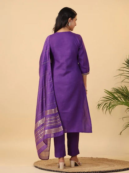 [ Ready SG Stock ] Purple Cotton Blend Yoke Design Straight Kurta 3 Pcs Punjabi Suit with Dupatta [ Indian Dresses ]