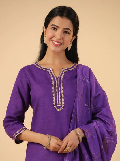 [ Ready SG Stock ] Purple Cotton Blend Yoke Design Straight Kurta 3 Pcs Punjabi Suit with Dupatta [ Indian Dresses ]