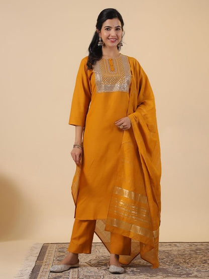 [ Ready SG Stock ] Mustard Cotton Blend Embroidered Straight Cut 3 Pcs Punjabi Suit with Dupatta [ Indian Dresses ]
