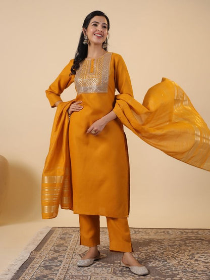[ Ready SG Stock ] Mustard Cotton Blend Embroidered Straight Cut 3 Pcs Punjabi Suit with Dupatta [ Indian Dresses ]