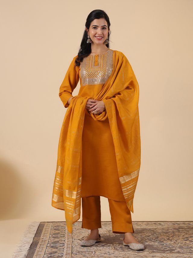 [ Ready SG Stock ] Mustard Cotton Blend Embroidered Straight Cut 3 Pcs Punjabi Suit with Dupatta [ Indian Dresses ]