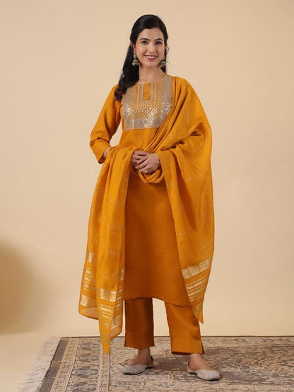 [ Ready SG Stock ] Mustard Cotton Blend Embroidered Straight Cut 3 Pcs Punjabi Suit with Dupatta [ Indian Dresses ]