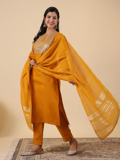 [ Ready SG Stock ] Mustard Cotton Blend Embroidered Straight Cut 3 Pcs Punjabi Suit with Dupatta [ Indian Dresses ]
