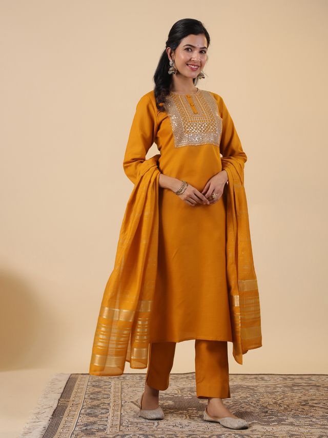 [ Ready SG Stock ] Mustard Cotton Blend Embroidered Straight Cut 3 Pcs Punjabi Suit with Dupatta [ Indian Dresses ]
