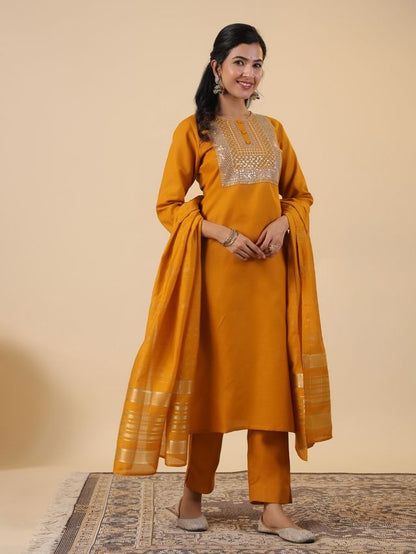 [ Ready SG Stock ] Mustard Cotton Blend Embroidered Straight Cut 3 Pcs Punjabi Suit with Dupatta [ Indian Dresses ]