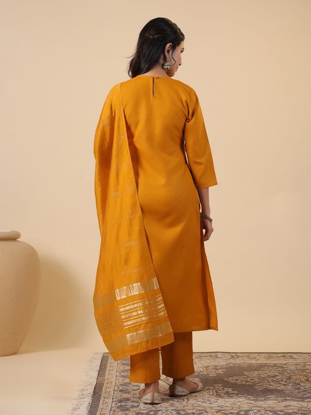 [ Ready SG Stock ] Mustard Cotton Blend Embroidered Straight Cut 3 Pcs Punjabi Suit with Dupatta [ Indian Dresses ]