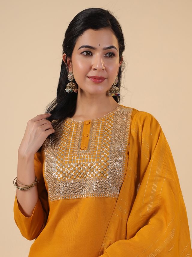 [ Ready SG Stock ] Mustard Cotton Blend Embroidered Straight Cut 3 Pcs Punjabi Suit with Dupatta [ Indian Dresses ]