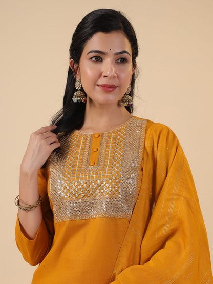 [ Ready SG Stock ] Mustard Cotton Blend Embroidered Straight Cut 3 Pcs Punjabi Suit with Dupatta [ Indian Dresses ]