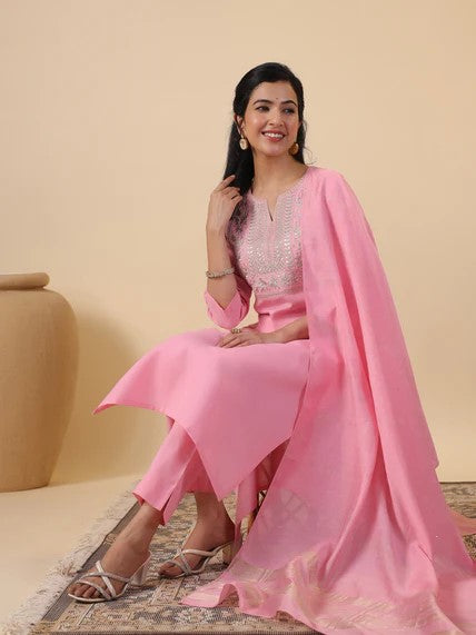 [ Ready SG Stock ] Pink Cotton Blend Embroidered Straight Cut 3 Pcs Punjabi Suit with Dupatta [ Indian Dresses ]