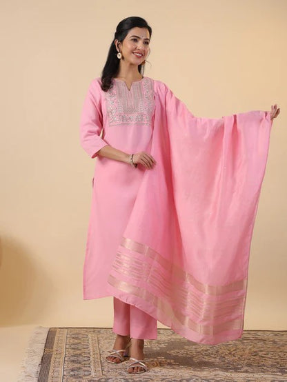 [ Ready SG Stock ] Pink Cotton Blend Embroidered Straight Cut 3 Pcs Punjabi Suit with Dupatta [ Indian Dresses ]