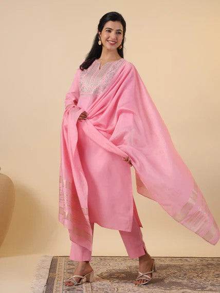 [ Ready SG Stock ] Pink Cotton Blend Embroidered Straight Cut 3 Pcs Punjabi Suit with Dupatta [ Indian Dresses ]