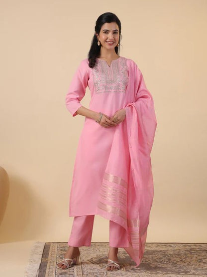 [ Ready SG Stock ] Pink Cotton Blend Embroidered Straight Cut 3 Pcs Punjabi Suit with Dupatta [ Indian Dresses ]