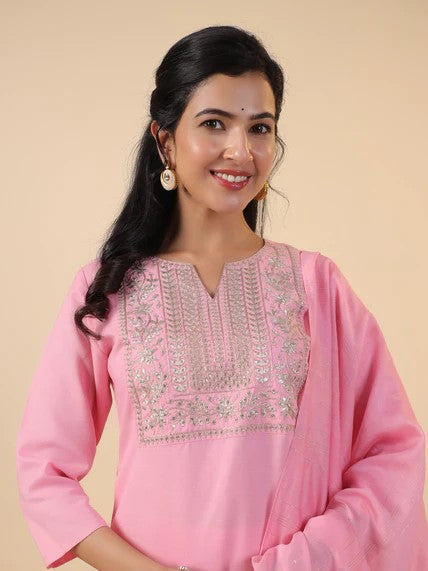 [ Ready SG Stock ] Pink Cotton Blend Embroidered Straight Cut 3 Pcs Punjabi Suit with Dupatta [ Indian Dresses ]